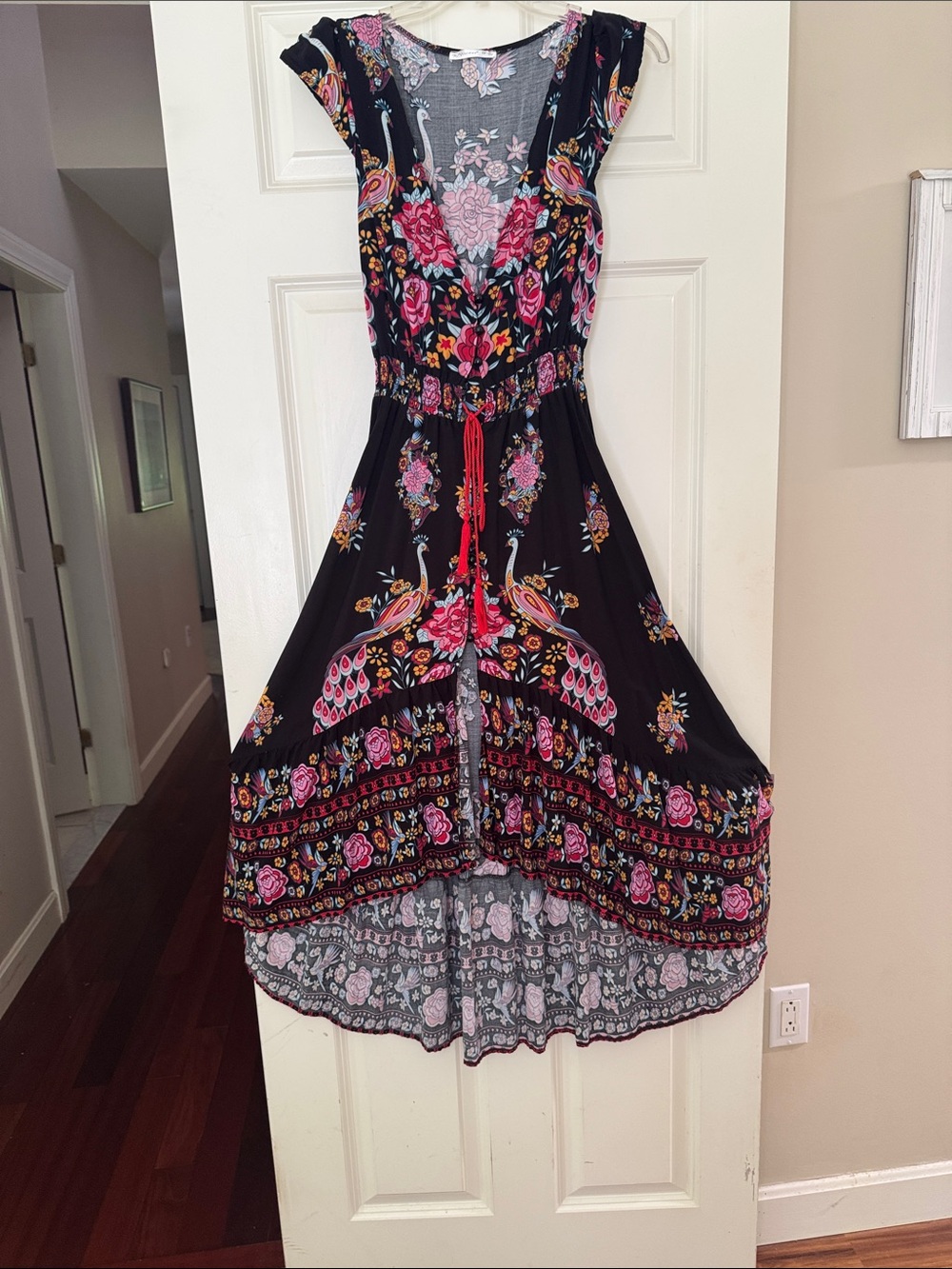 Black Floral High-Low Dress with Pink & Red Accents - Picture 3 of 4